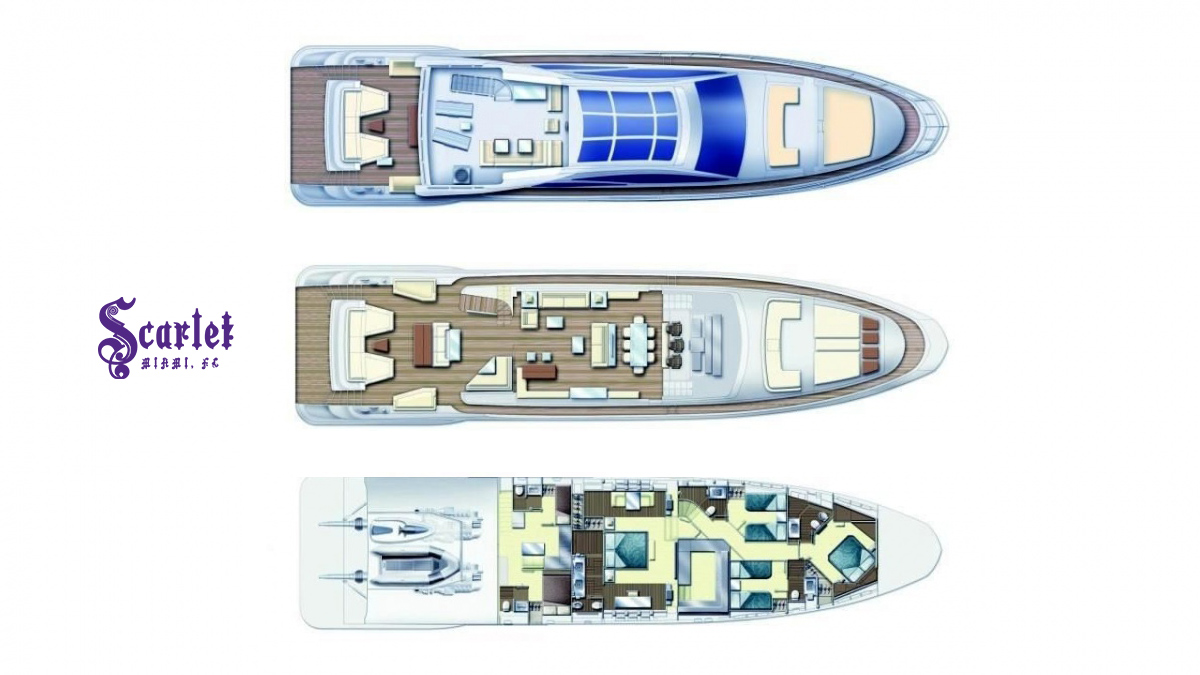 image showcases the deck plans for the Azimut 103S yacht, revealing its layout across different levels